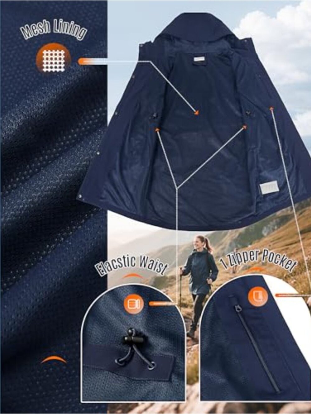Waterproof Long Rain Jacket with Hood Adjustable Waist Trench Coat - Picture 4 of 5